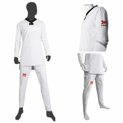 KWON KPNP Taekwondo Anzug mit schwarzem Revers<br> Material: 77% Nylon / 23% Elasthan<br> Farbe: Weiß mit schwarzem Revers<br> Größen: 160 – 210 cm